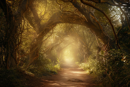 Road through the dark forest in misty morning. Nature composition.