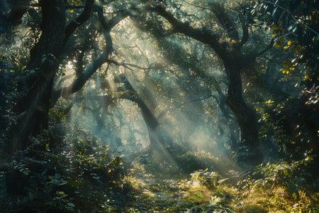 Mystical foggy forest in autumn. Foggy forest.