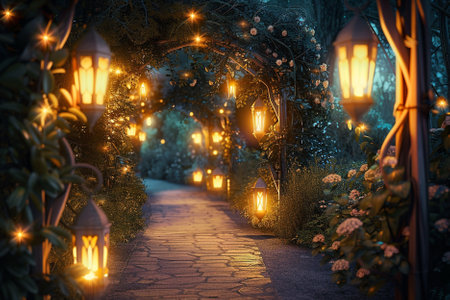 Beautiful night alley in the park with lanterns and flowers.の写真素材