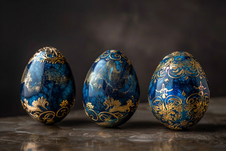 Three blue Easter eggs with a gold pattern on a dark background.