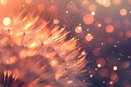 Abstract background with dandelion seeds and bokeh lights.の写真素材