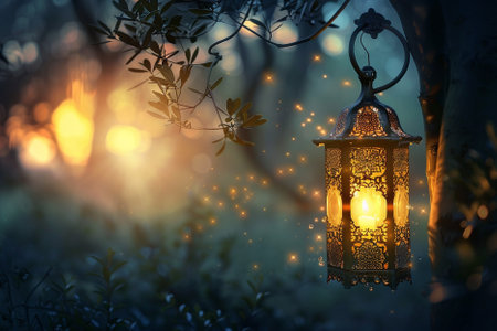Lantern in the forest at night. Bokeh effectの写真素材
