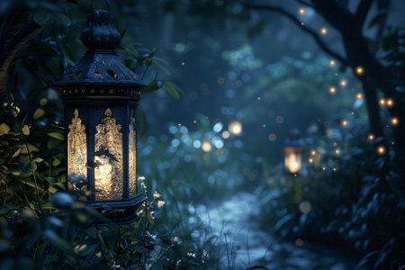 Lantern in the forest at night. Beautiful nature background.