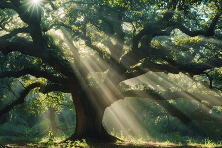 Old oak tree in the forest with sunbeams, vintage styleの写真素材