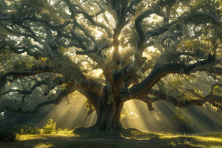 Beautiful old oak tree with rays of light in the morning.の写真素材