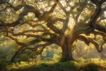 Old oak trees in a foggy forest at sunrise, HDR imageの写真素材