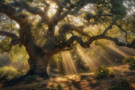 Old oak tree with sun rays in a misty forest, HDR