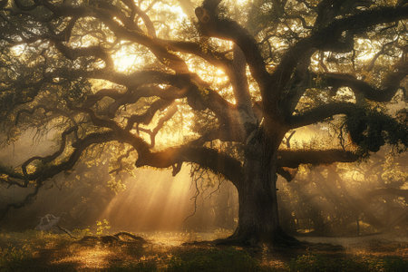 Old oak tree in a misty forest with sunbeams.の写真素材