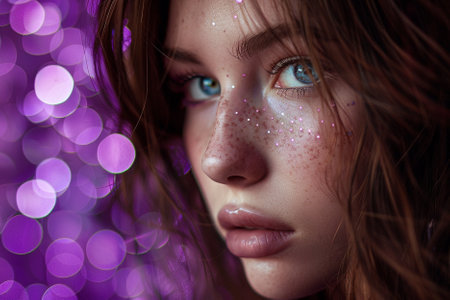 Portrait of beautiful young woman with long curly hair on purple backgroundの写真素材