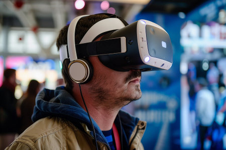 Unidentified man playing virtual reality game with VR headset.