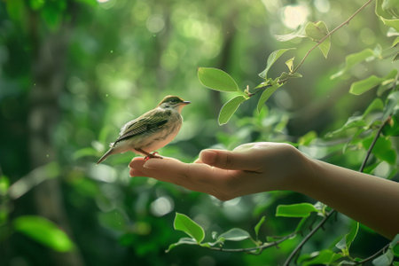 Female hand holding a small bird on nature background. Close up.の写真素材
