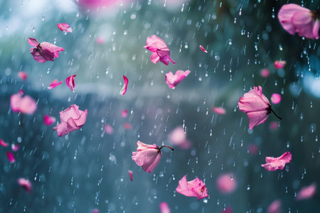 Pink cherry blossom petals falling in the rain, Thailand.の写真素材