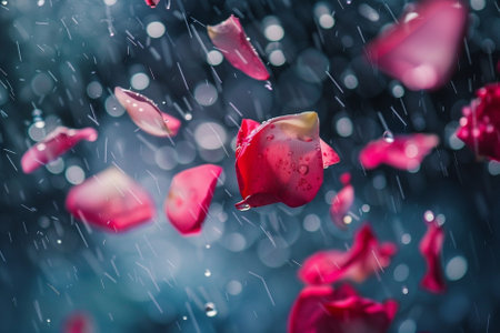 Red rose petals with drops of water falling down in the rainの写真素材
