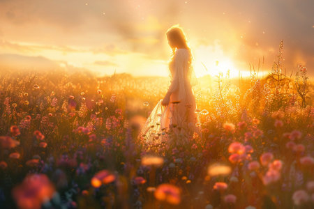 A girl in a long white dress walks through a field of blooming flowers.の写真素材