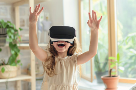 Cute little girl wearing virtual reality goggles at home. Technology and entertainment concept