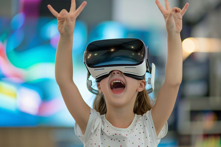 Cute little girl using virtual reality headset in the shopping mall.