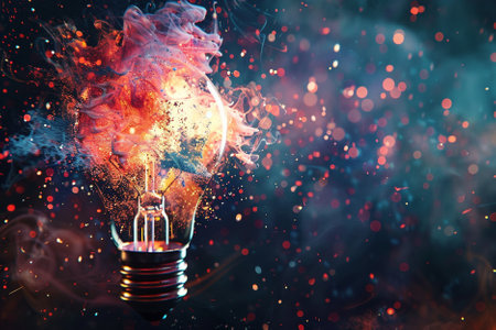 Light bulb with colorful smoke on dark background. Creative idea concept.の写真素材