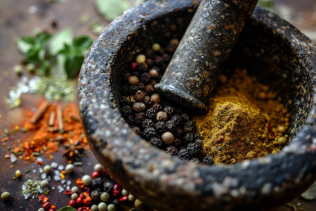 Mortar and pestle with spices on rustic background.の写真素材