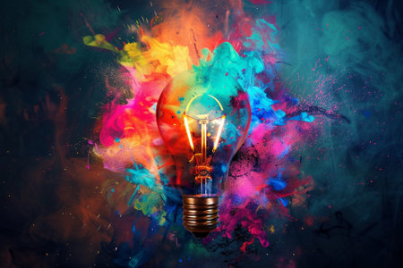 Incandescent light bulb with colorful paint splashes on dark background