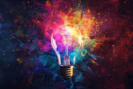 Glowing light bulb on abstract colorful background. Idea concept. 3D Rendering