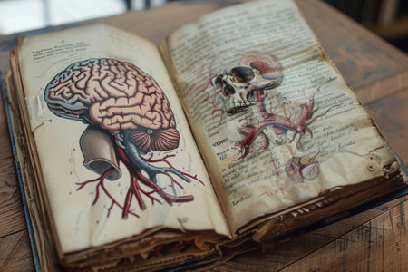 Old book with human brain and skull on wooden table, education conceptの写真素材