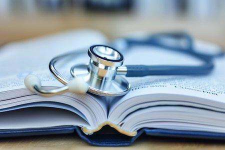 Stethoscope lying on a book with a book in the backgroundの写真素材