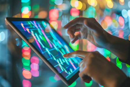 Close up of businesswoman hands using tablet computer with stock market chart on screenの写真素材