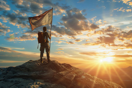 Silhouette of a man with a flag on the top of the mountain.の写真素材