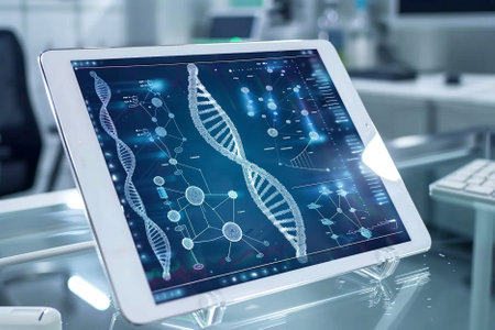 dna molecule on modern digital tablet in medical laboratory 3D renderingの写真素材