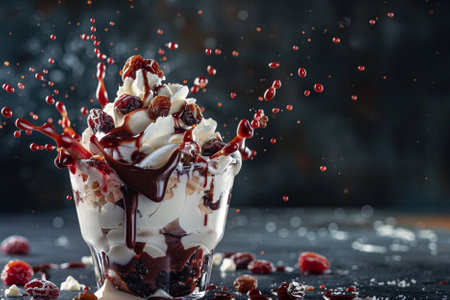 Chocolate ice cream with whipped cream, raisins and chocolate sauceの写真素材