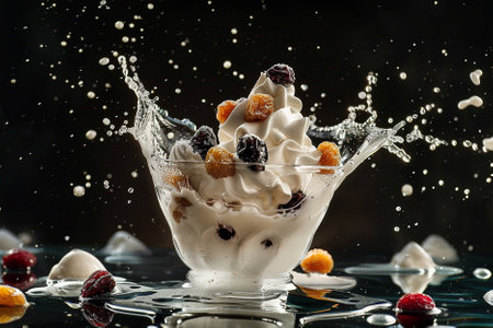 Fruit dessert with yoghurt and raisins on dark background