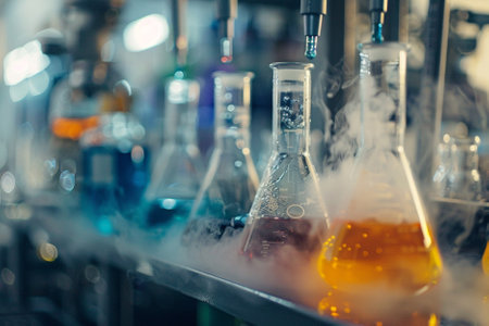 Laboratory glassware with chemical liquid, science research and development conceptの写真素材