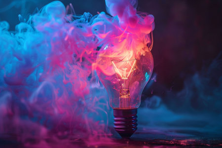 Incandescent light bulb with blue and pink smoke on dark background