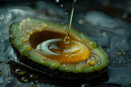 Fresh avocado with oil and drops on a black background. Close-up.の写真素材