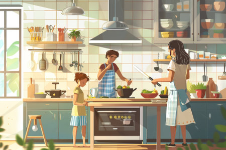 Happy family cooking together in the kitchen. Mother, father and daughter cooking together at home. Vector illustration in cartoon styleの写真素材