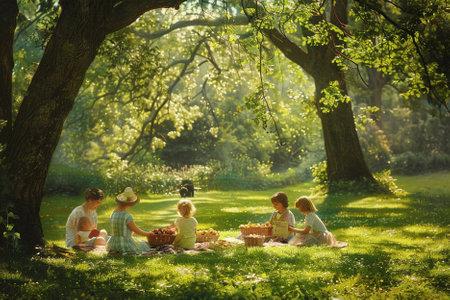 Family picnicking in the park. Mother, father and children having picnicの写真素材