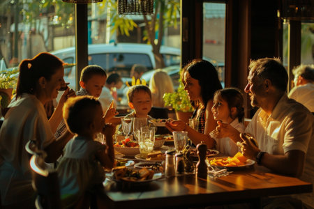 group of asian family eating food in a restaurant in the eveningの写真素材