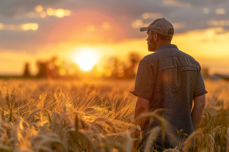 Farmer standing in a wheat field and looking at the sunset.の写真素材