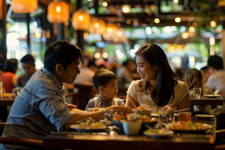 Asian family having dinner together in a restaurant. Selective focus.の写真素材