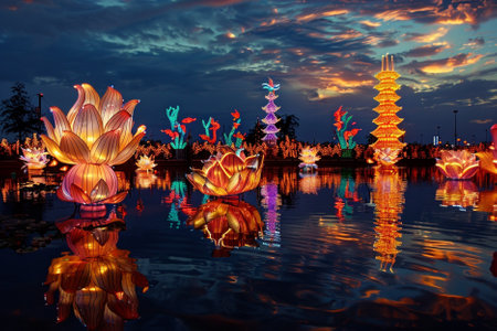 Beautiful lotus pond with colorful lanterns in the evening.の写真素材