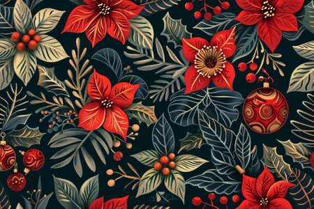 Seamless pattern with poinsettia and holly berries. Vector illustration.