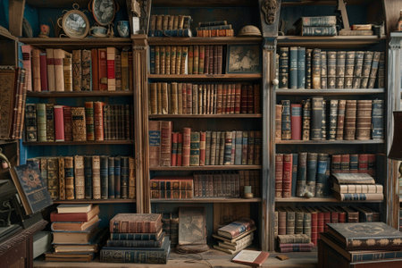 Antique bookshelf with old books in an old library.の写真素材