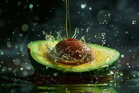 Avocado falling into water with splashes and drops on black backgroundの写真素材