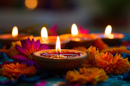 Diwali diya with marigold flowers and candles, selective focusの写真素材