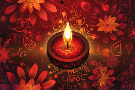 Vector diwali diya with floral ornament on dark red backgroundの写真素材