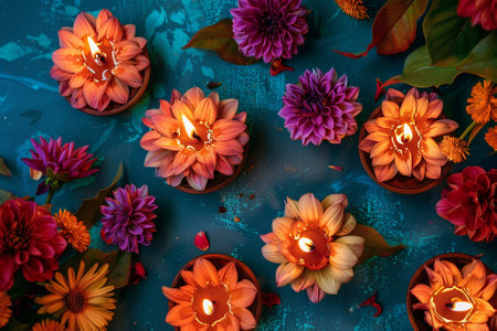 Flowers and candles on dark blue background for Diwali festivalの写真素材