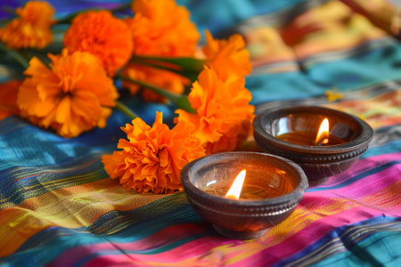 Beautiful orange marigold flowers and burning candles on colorful fabric backgroundの写真素材