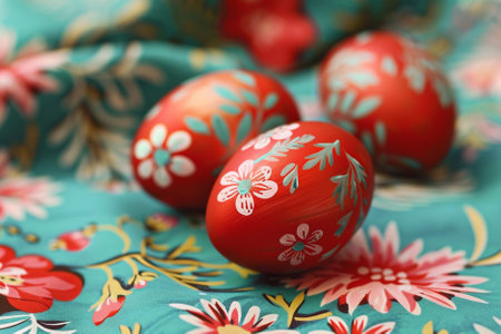 Easter eggs with floral pattern on a green background. Close-up
