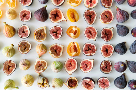 Figs and figs arranged in a pattern on a white backgroundの写真素材