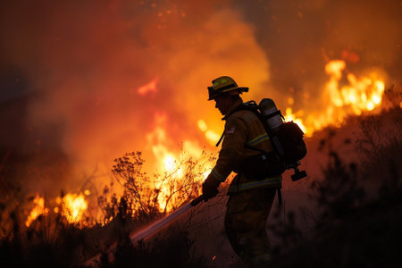 Firefighters extinguish a fire in the forest. Selective focusの写真素材